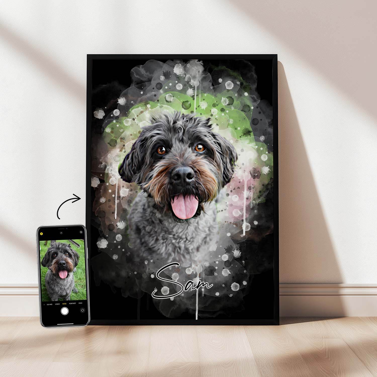 Hundeportrait nach Vorlage personalisiert
 Schwarz